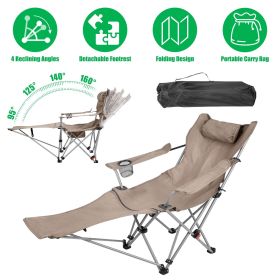 1Pc Reclining Camping Chair with Footrest 4-Position Adjustable Outdoor Folding Chair Heavy Duty Portable Camping Lounge Chair with Headrest Cup Holde (Color: Khaki)
