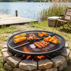 36 Inch Foldable Round Cooking Grate, With Handle & X Wire Support, Portable Campfire BBQ Grill Grid, Black (Option: 52395423)